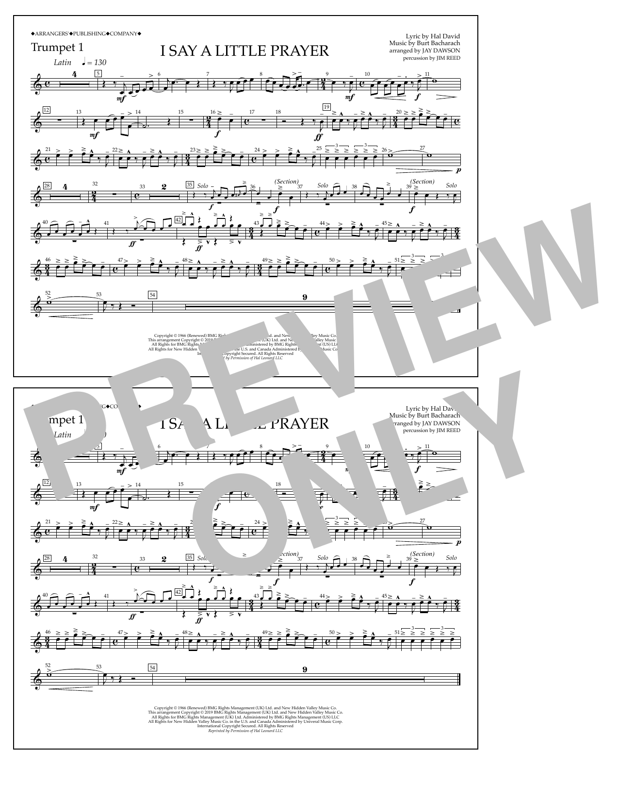 Aretha Franklin I Say a Little Prayer (arr. Jay Dawson) - Trumpet 1 Sheet Music Notes & Chords for Marching Band - Download or Print PDF