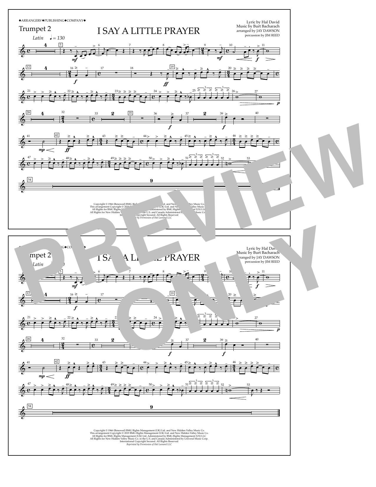 Aretha Franklin I Say a Little Prayer (arr. Jay Dawson) - Trumpet 2 Sheet Music Notes & Chords for Marching Band - Download or Print PDF