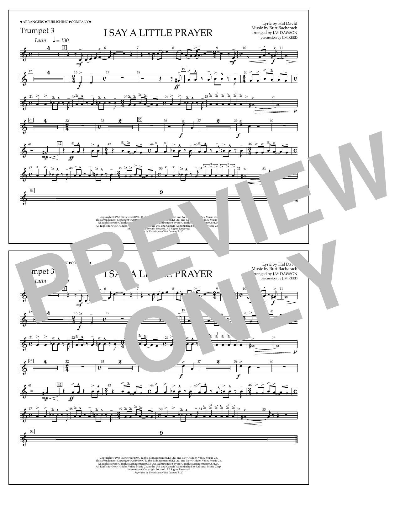 Aretha Franklin I Say a Little Prayer (arr. Jay Dawson) - Trumpet 3 Sheet Music Notes & Chords for Marching Band - Download or Print PDF