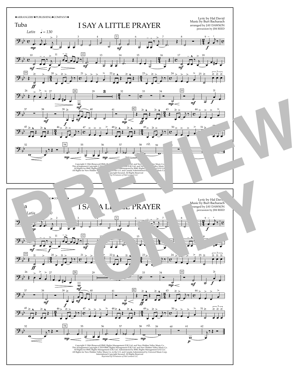 Aretha Franklin I Say a Little Prayer (arr. Jay Dawson) - Tuba Sheet Music Notes & Chords for Marching Band - Download or Print PDF
