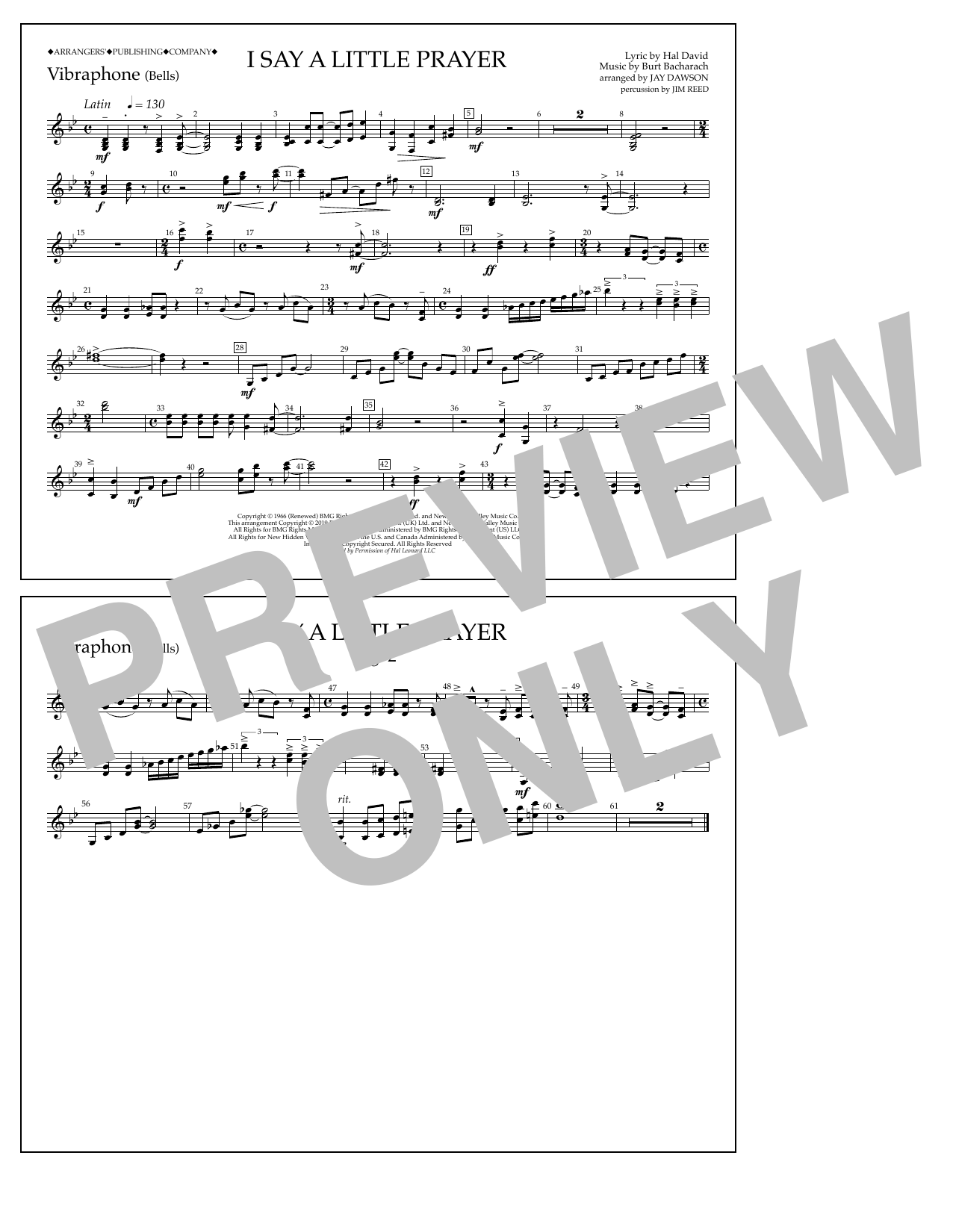 Aretha Franklin I Say a Little Prayer (arr. Jay Dawson) - Vibraphone Sheet Music Notes & Chords for Marching Band - Download or Print PDF
