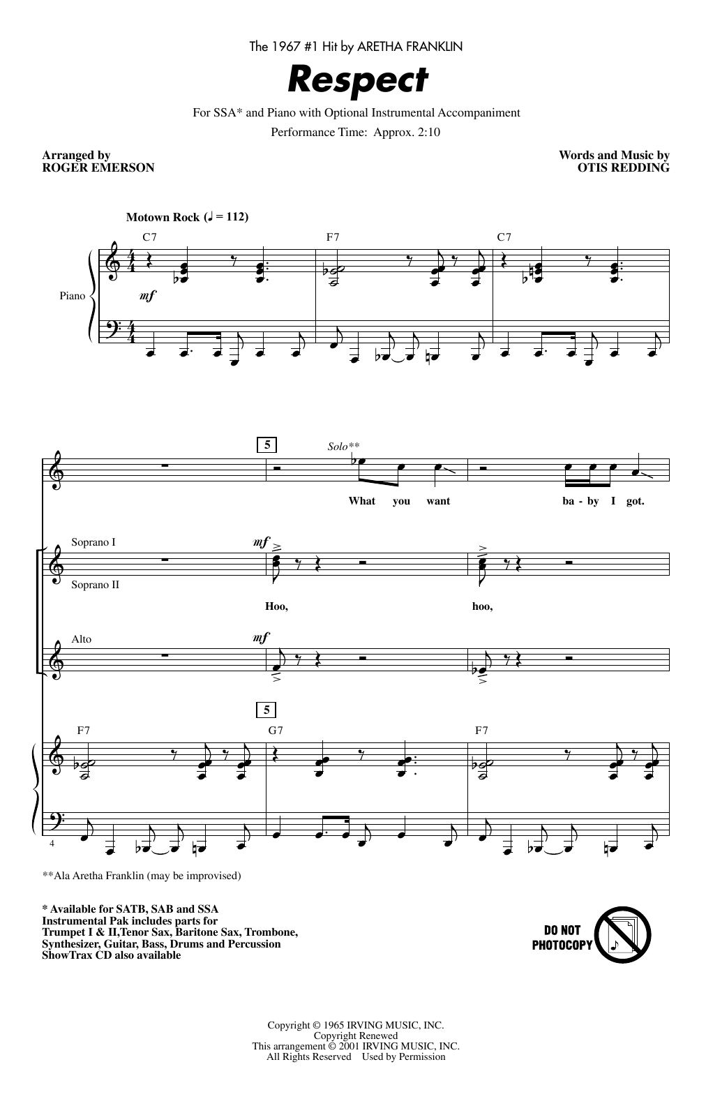 Aretha Franklin Respect (arr. Roger Emerson) Sheet Music Notes & Chords for SSA Choir - Download or Print PDF
