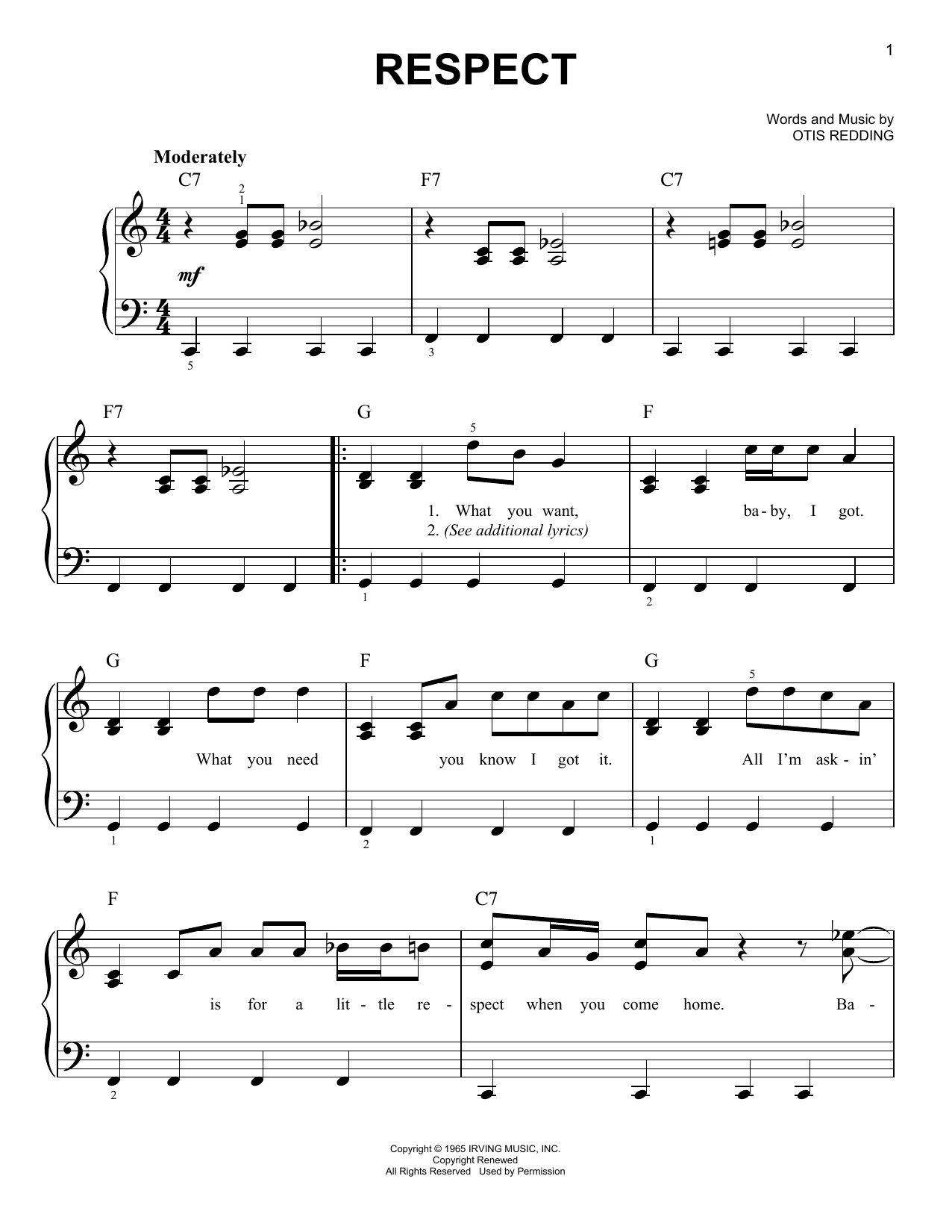 Aretha Franklin Respect Sheet Music Notes & Chords for Lyrics & Chords - Download or Print PDF