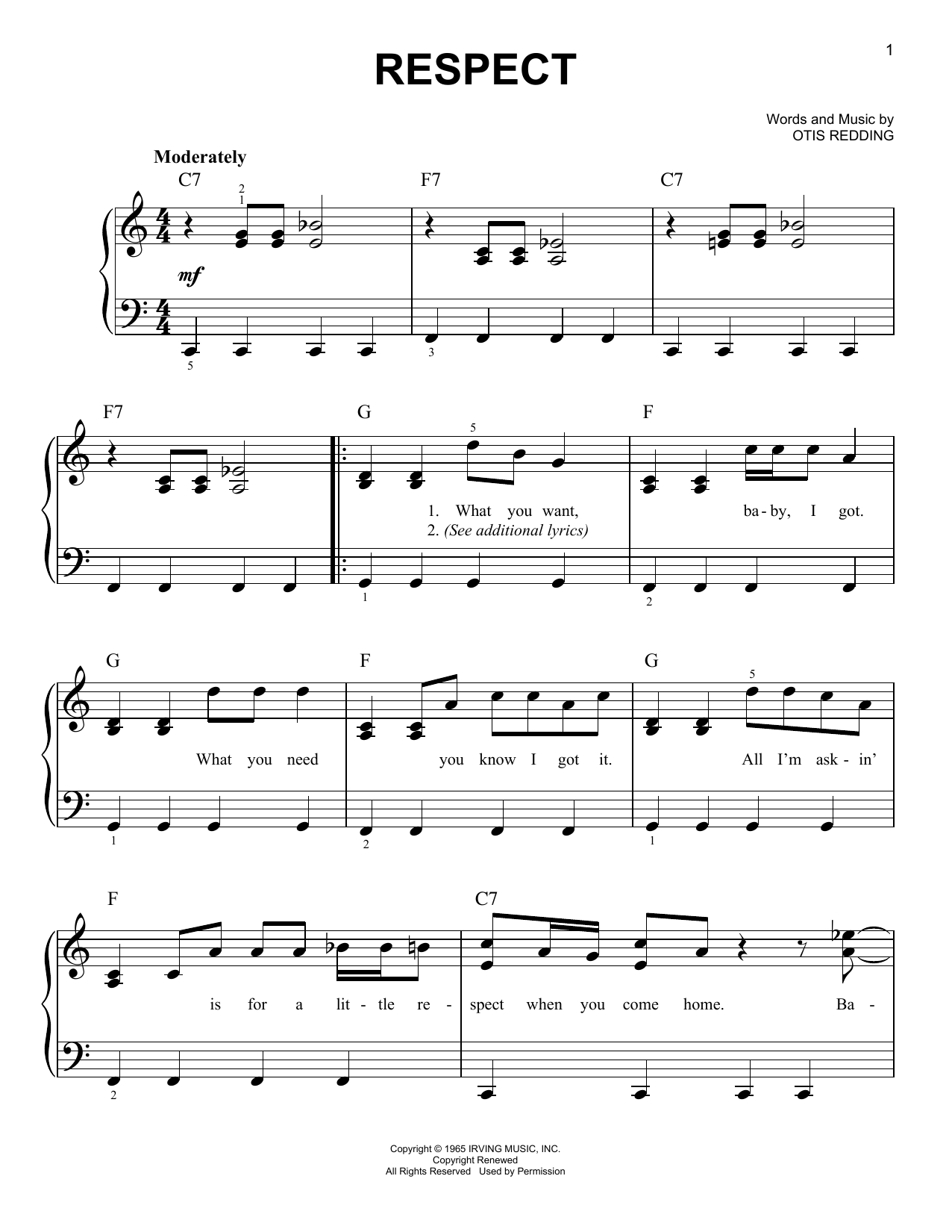 Aretha Franklin Respect sheet music notes and chords. Download Printable PDF.