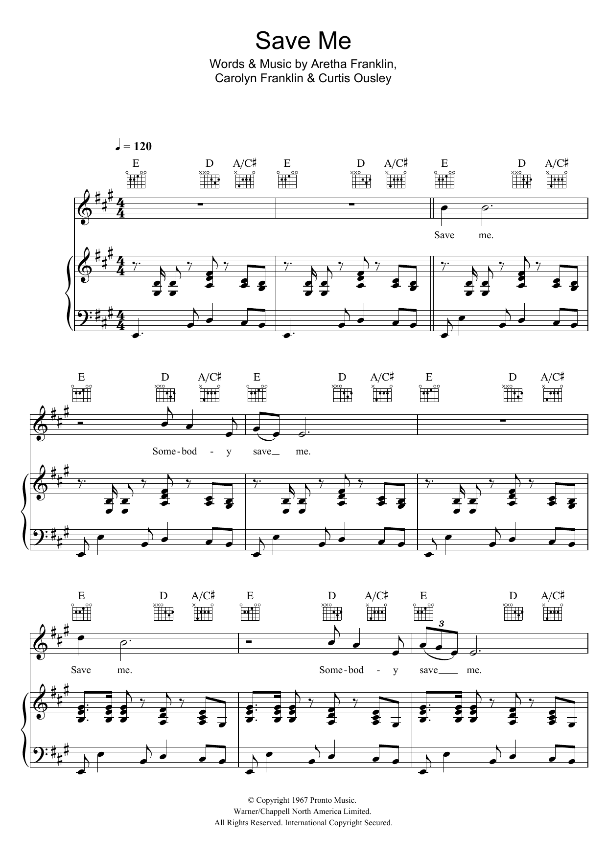 Aretha Franklin Save Me Sheet Music Notes & Chords for Piano, Vocal & Guitar (Right-Hand Melody) - Download or Print PDF