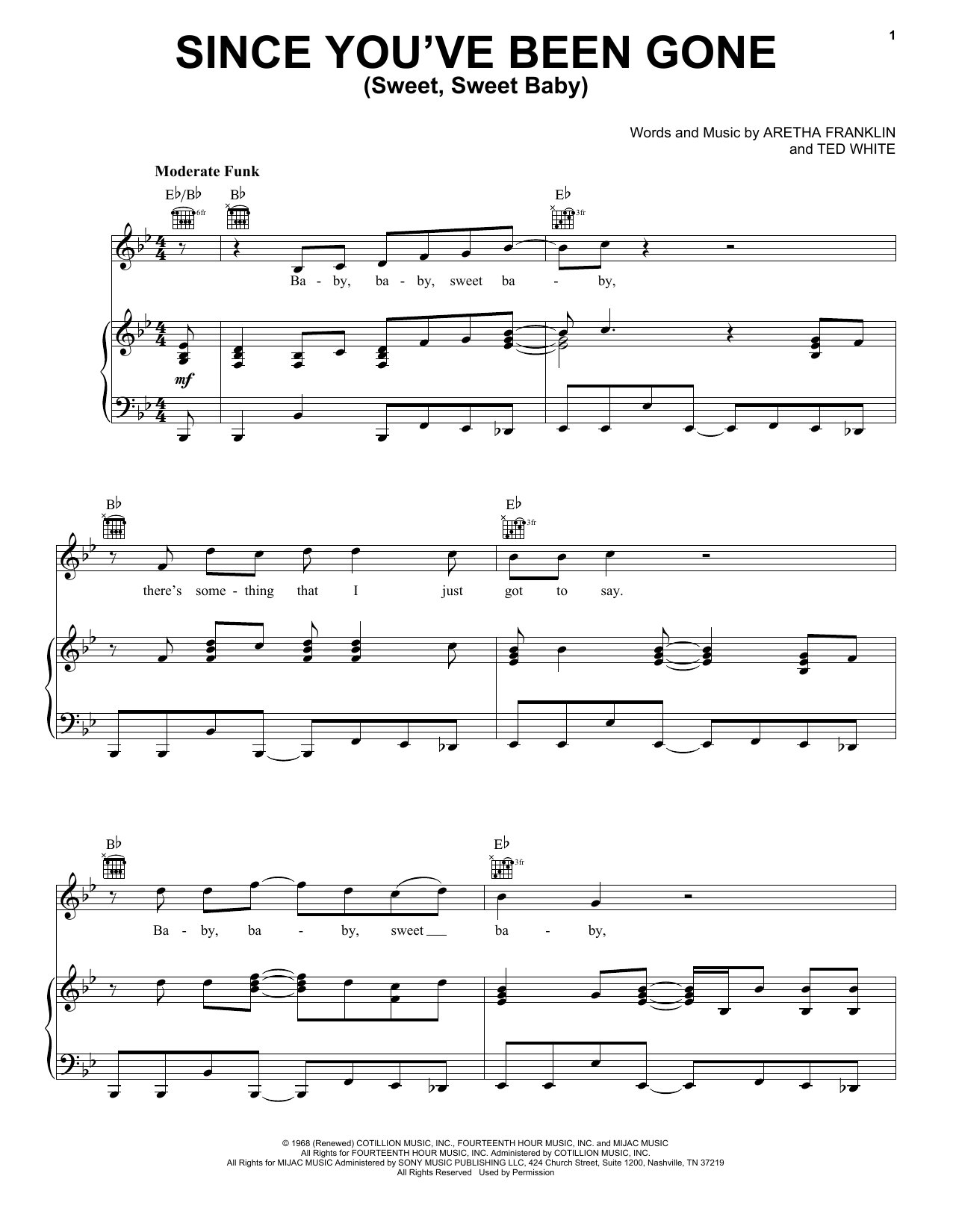 Aretha Franklin Since You've Been Gone (Sweet, Sweet Baby) Sheet Music Notes & Chords for Piano, Vocal & Guitar (Right-Hand Melody) - Download or Print PDF