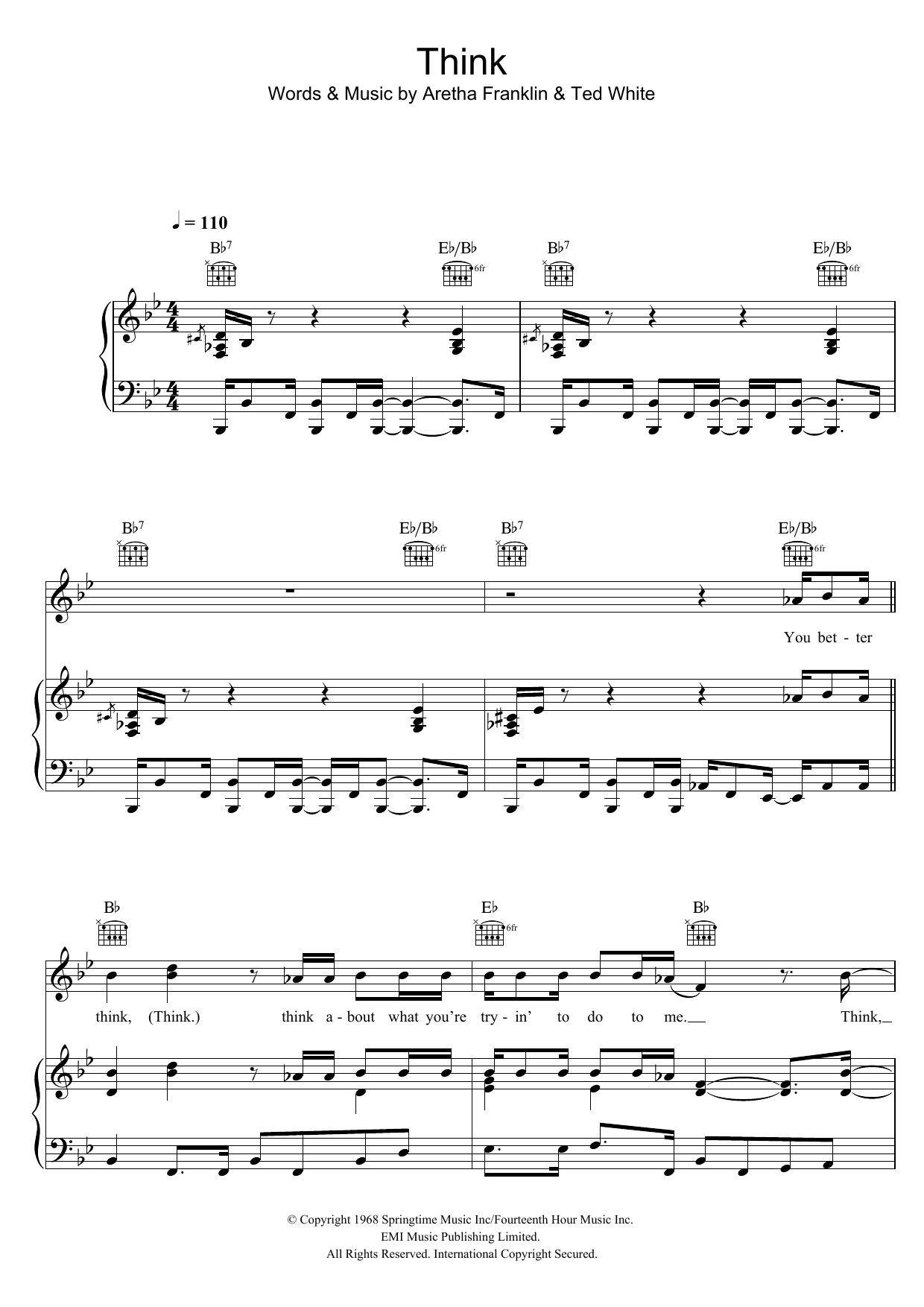 Aretha Franklin Think Sheet Music Notes & Chords for Piano, Vocal & Guitar (Right-Hand Melody) - Download or Print PDF