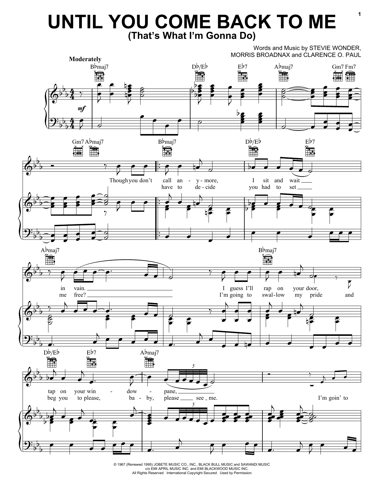 Aretha Franklin Until You Come Back To Me (That's What I'm Gonna Do) Sheet Music Notes & Chords for Piano, Vocal & Guitar (Right-Hand Melody) - Download or Print PDF