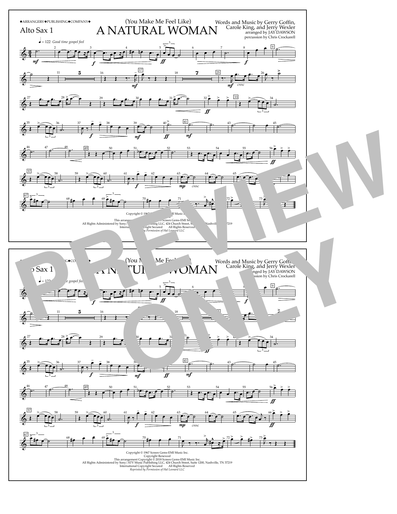 Aretha Franklin (You Make Me Feel Like) A Natural Woman (arr. Jay Dawson) - Alto Sax 1 Sheet Music Notes & Chords for Marching Band - Download or Print PDF