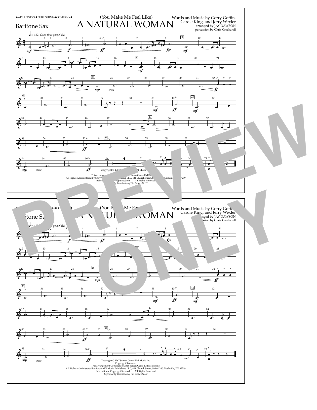 Aretha Franklin (You Make Me Feel Like) A Natural Woman (arr. Jay Dawson) - Baritone Sax Sheet Music Notes & Chords for Marching Band - Download or Print PDF