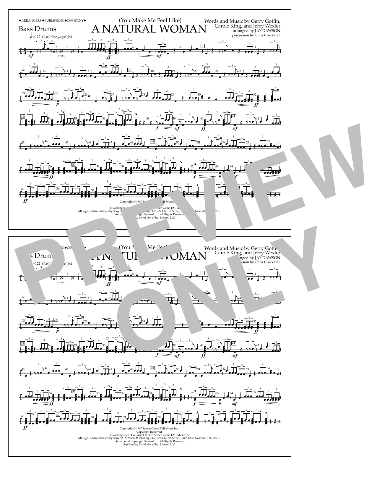 Aretha Franklin (You Make Me Feel Like) A Natural Woman (arr. Jay Dawson) - Bass Drums Sheet Music Notes & Chords for Marching Band - Download or Print PDF