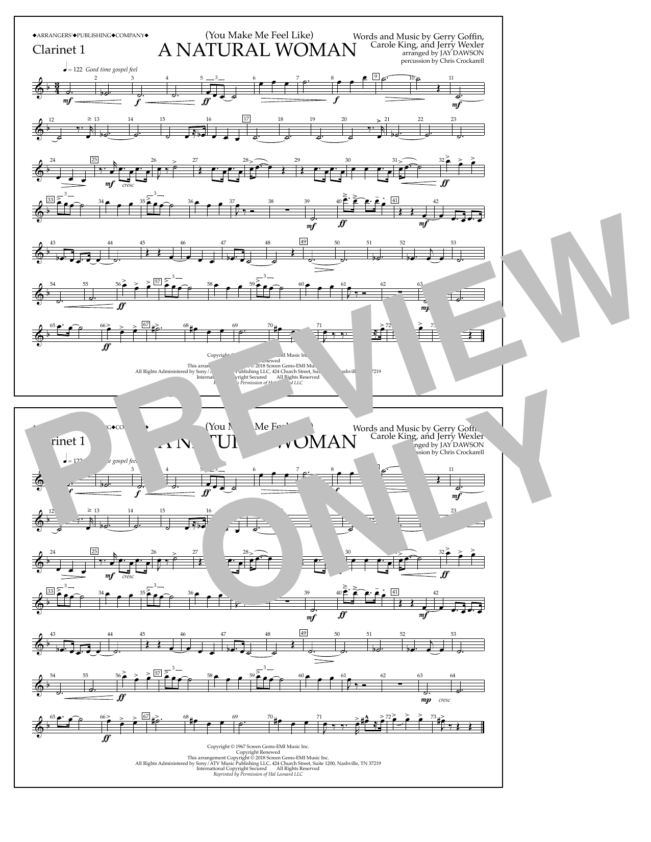 Aretha Franklin (You Make Me Feel Like) A Natural Woman (arr. Jay Dawson) - Clarinet 1 Sheet Music Notes & Chords for Marching Band - Download or Print PDF