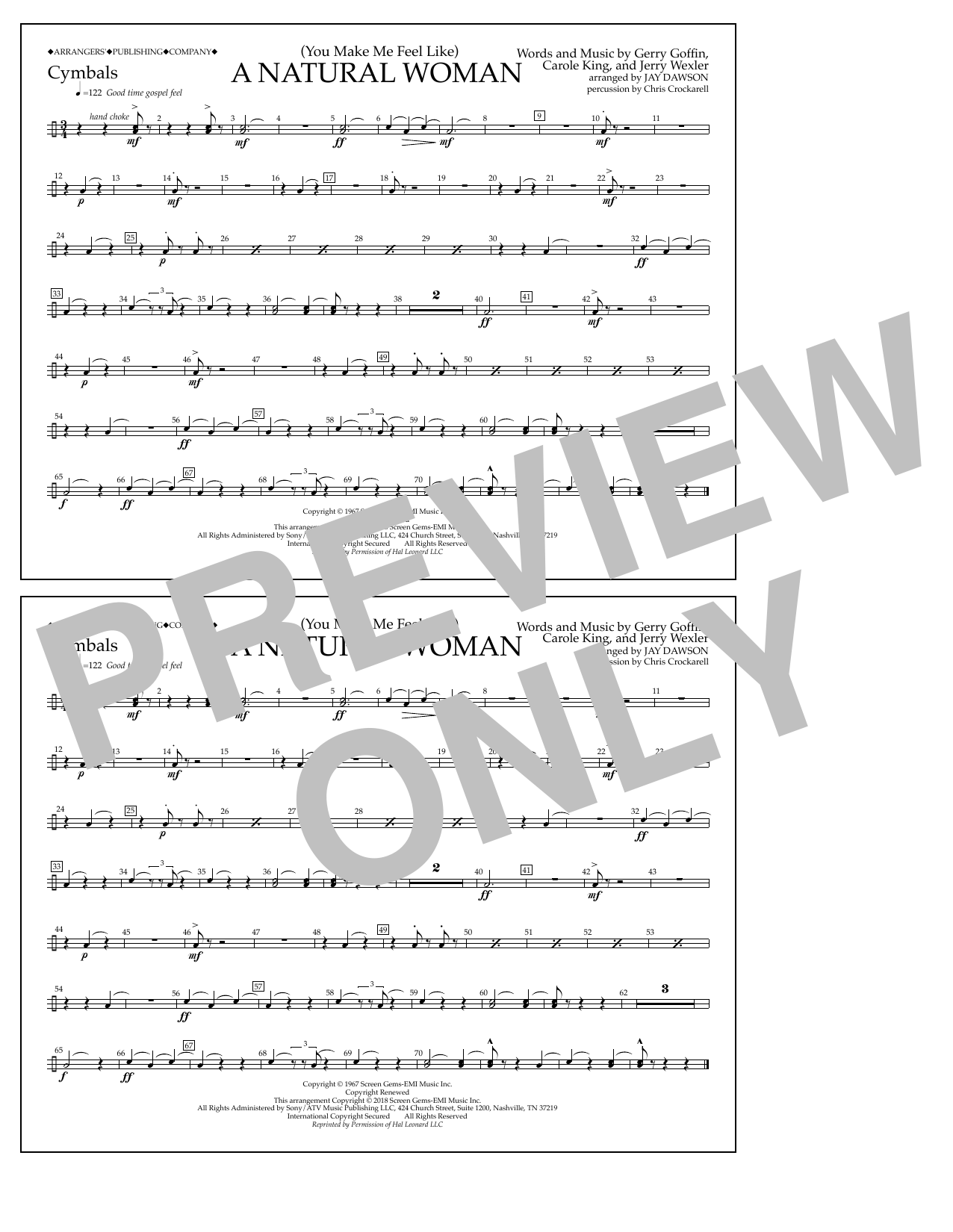 Aretha Franklin (You Make Me Feel Like) A Natural Woman (arr. Jay Dawson) - Cymbals Sheet Music Notes & Chords for Marching Band - Download or Print PDF