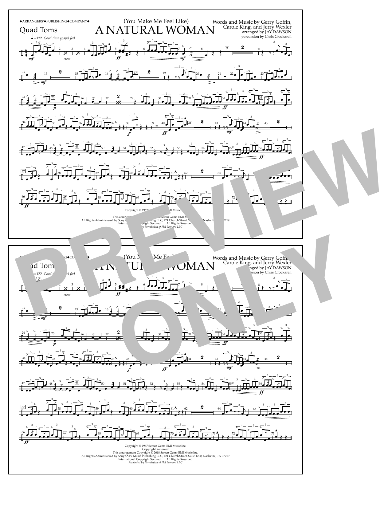 Aretha Franklin (You Make Me Feel Like) A Natural Woman (arr. Jay Dawson) - Quad Toms Sheet Music Notes & Chords for Marching Band - Download or Print PDF