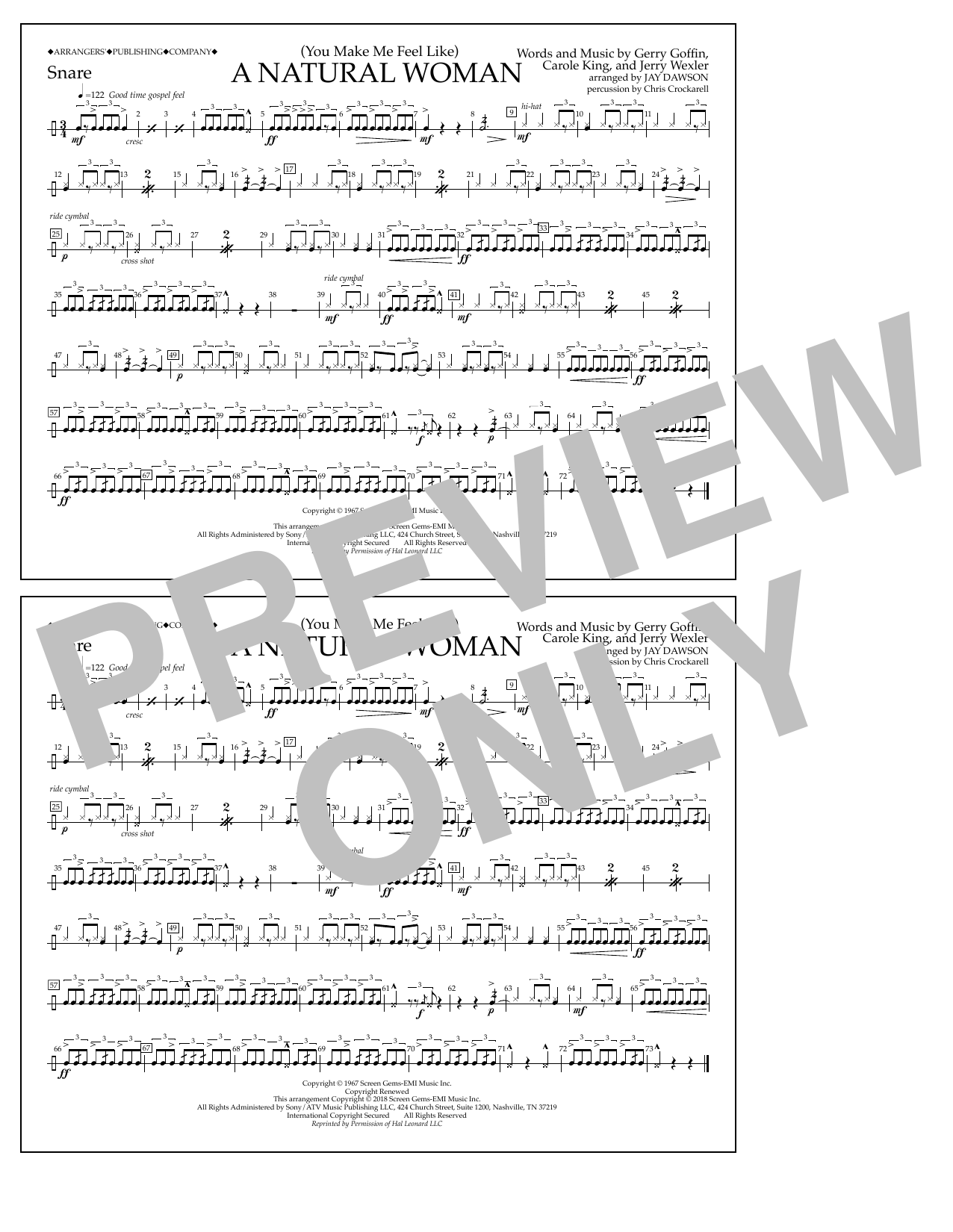 Aretha Franklin (You Make Me Feel Like) A Natural Woman (arr. Jay Dawson) - Snare Sheet Music Notes & Chords for Marching Band - Download or Print PDF