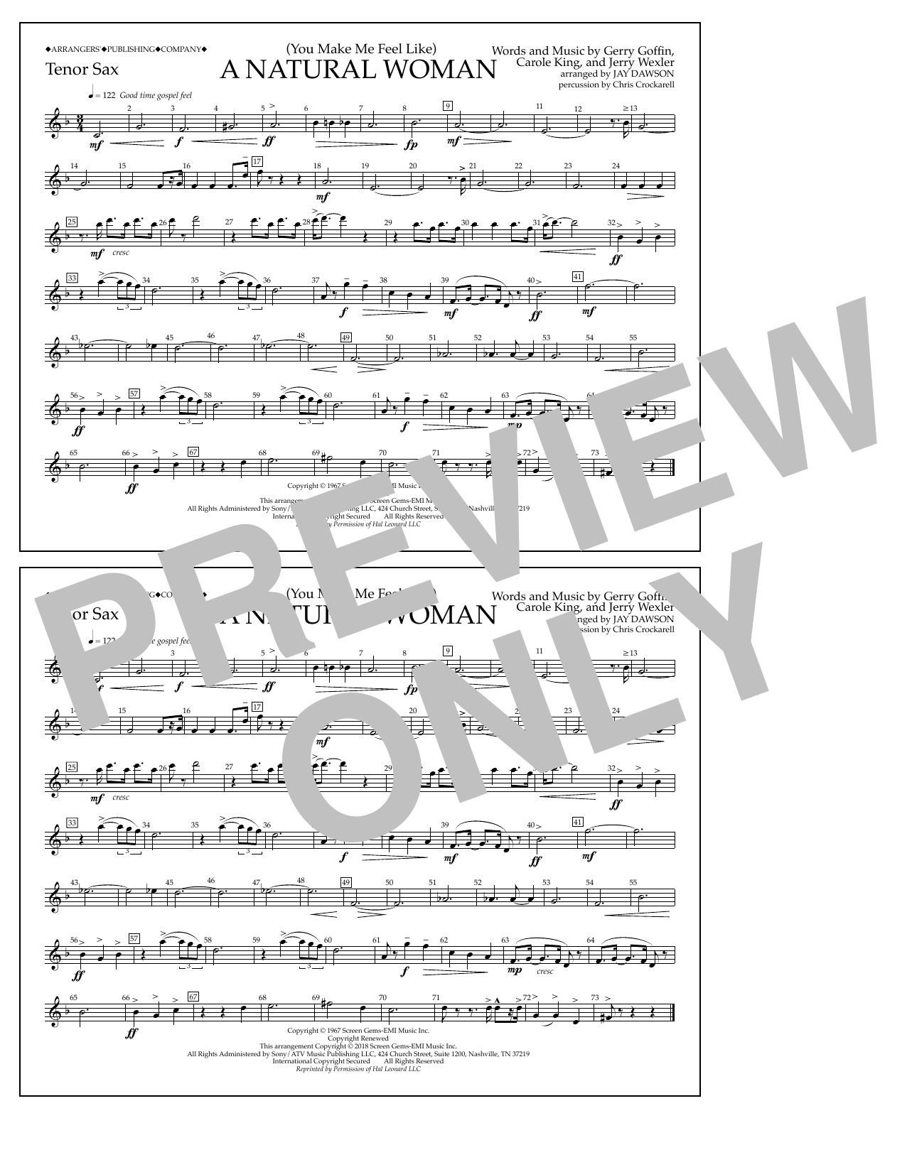 Aretha Franklin (You Make Me Feel Like) A Natural Woman (arr. Jay Dawson) - Tenor Sax Sheet Music Notes & Chords for Marching Band - Download or Print PDF