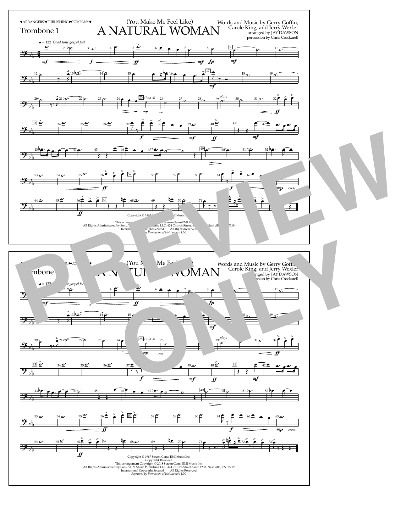 Aretha Franklin (You Make Me Feel Like) A Natural Woman (arr. Jay Dawson) - Trombone 1 Sheet Music Notes & Chords for Marching Band - Download or Print PDF
