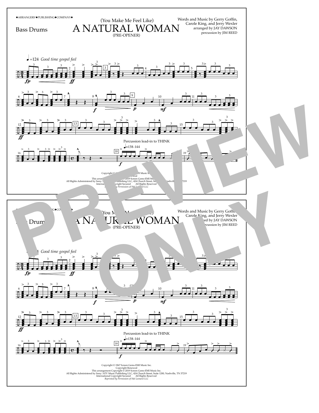 Aretha Franklin (You Make Me Feel Like) A Natural Woman (Pre-Opener) (arr. Jay Dawson) - Bass Drums Sheet Music Notes & Chords for Marching Band - Download or Print PDF