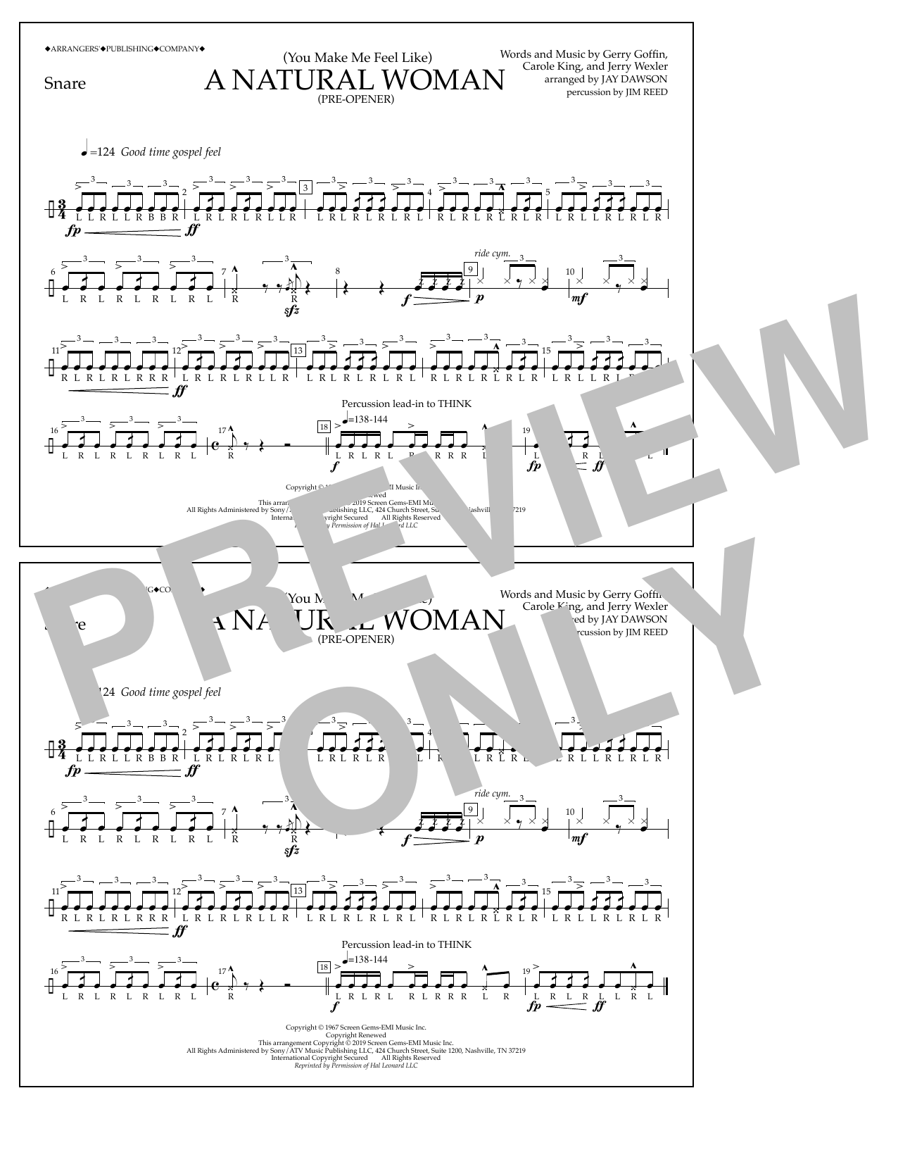 Aretha Franklin (You Make Me Feel Like) A Natural Woman (Pre-Opener) (arr. Jay Dawson) - Snare Sheet Music Notes & Chords for Marching Band - Download or Print PDF