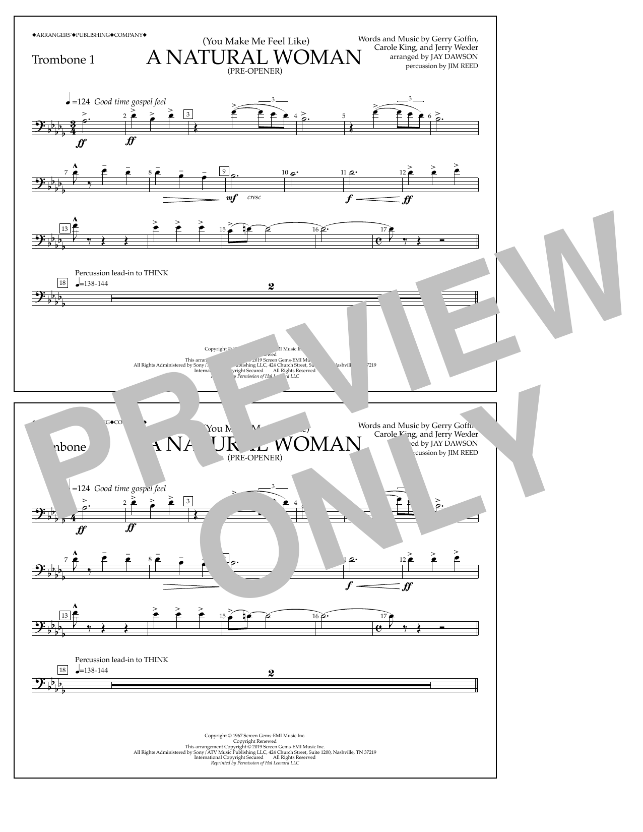 Aretha Franklin (You Make Me Feel Like) A Natural Woman (Pre-Opener) (arr. Jay Dawson) - Trombone 1 Sheet Music Notes & Chords for Marching Band - Download or Print PDF