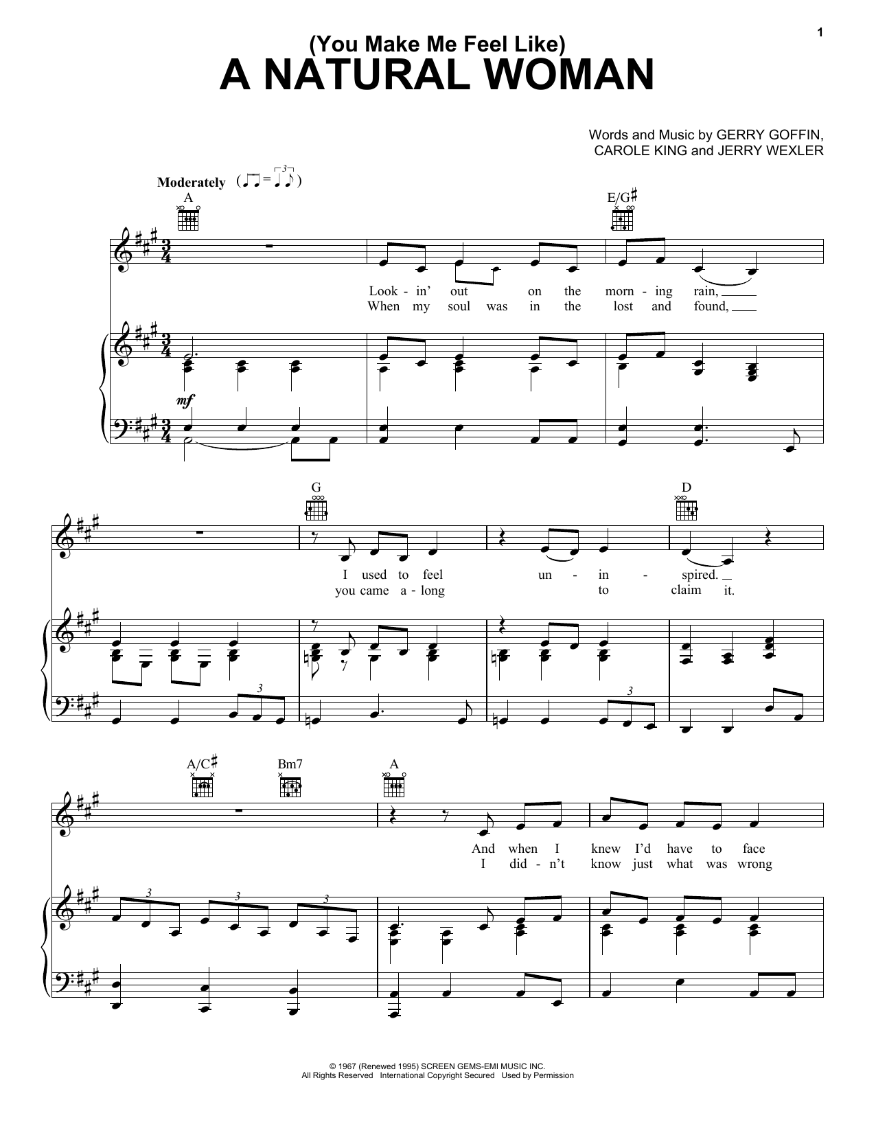 Aretha Franklin (You Make Me Feel Like) A Natural Woman Sheet Music Notes & Chords for Piano, Vocal & Guitar (Right-Hand Melody) - Download or Print PDF