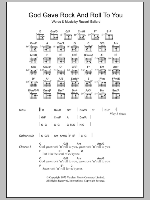 Argent God Gave Rock And Roll To You Sheet Music Notes & Chords for Lyrics & Chords - Download or Print PDF