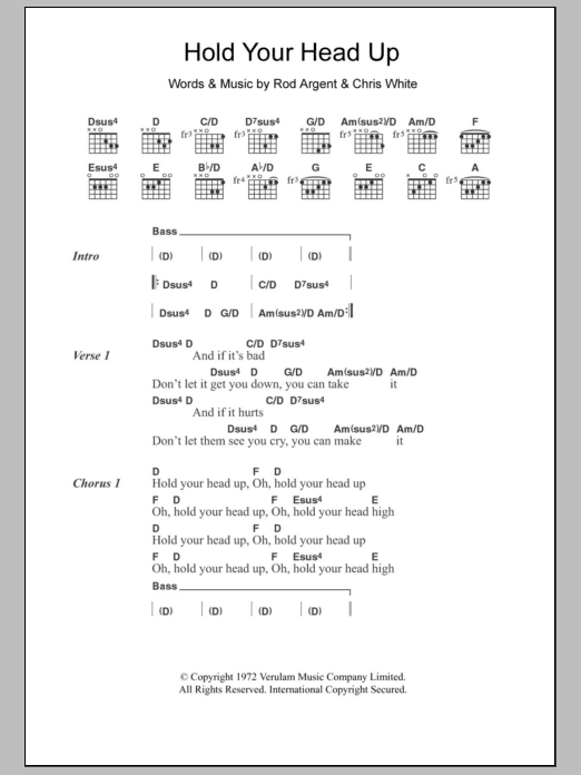 Argent Hold Your Head Up Sheet Music Notes & Chords for Lyrics & Chords - Download or Print PDF