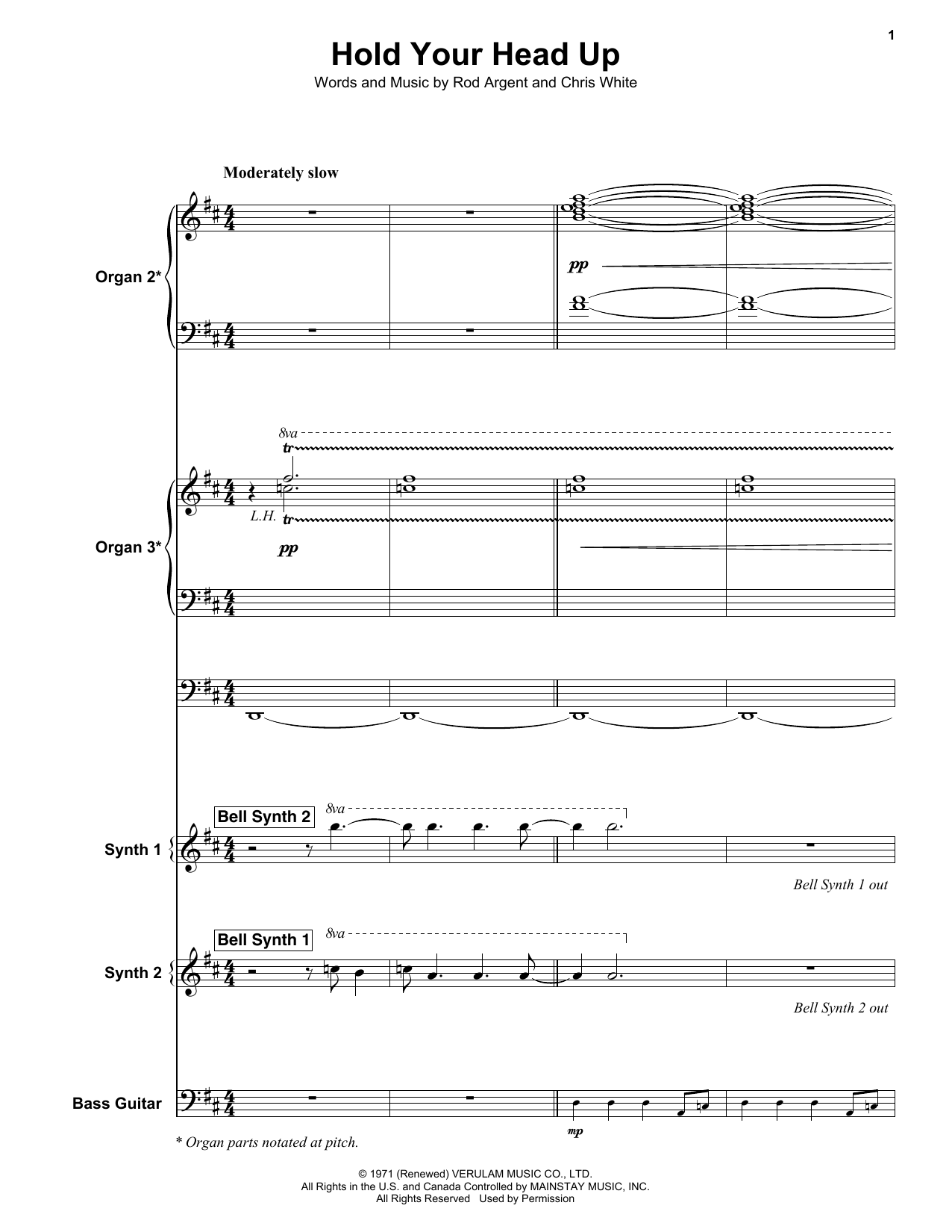 Argent Hold Your Head Up Sheet Music Notes & Chords for Keyboard Transcription - Download or Print PDF