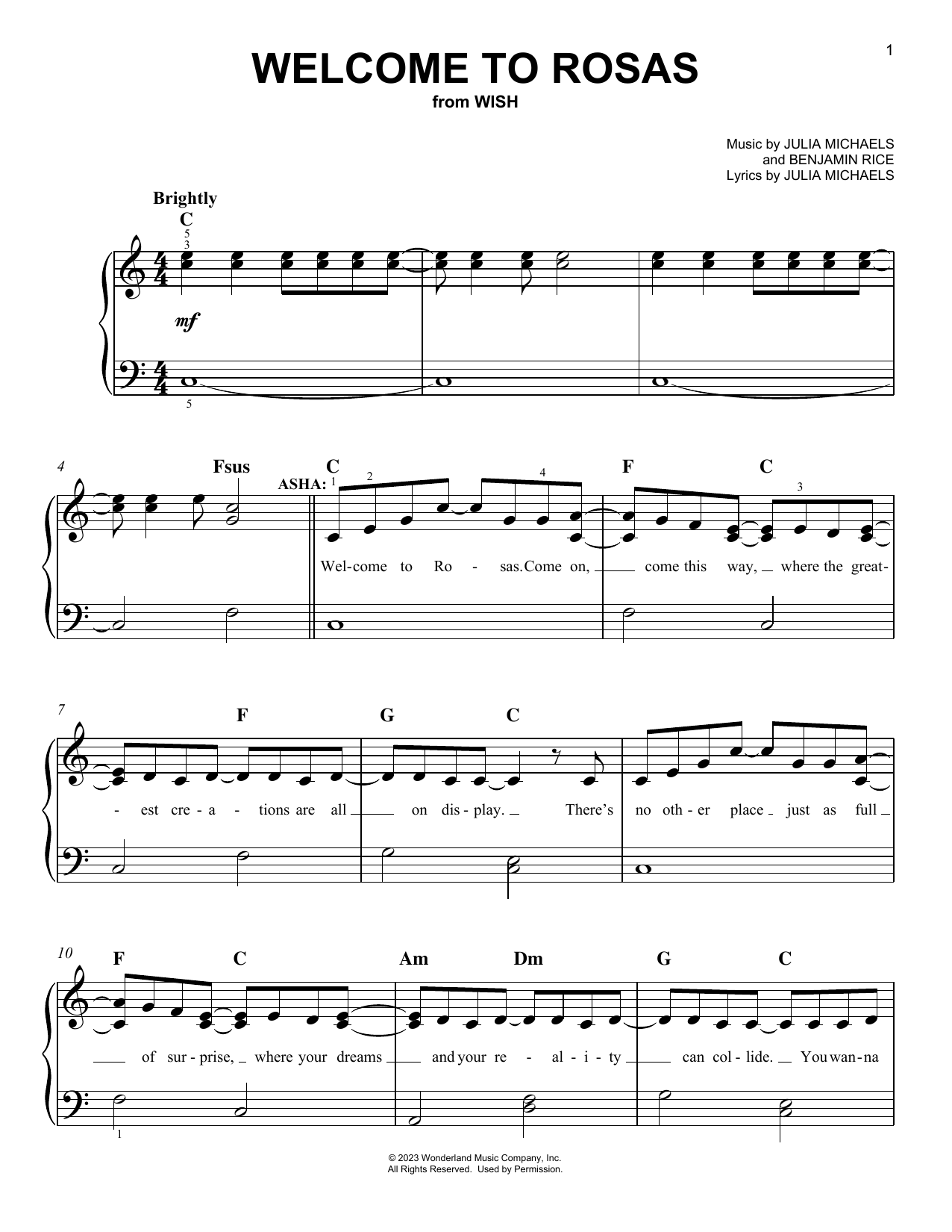 Ariana DeBose and The Cast Of Wish Welcome to Rosas (from Wish) Sheet Music Notes & Chords for Piano, Vocal & Guitar Chords (Right-Hand Melody) - Download or Print PDF