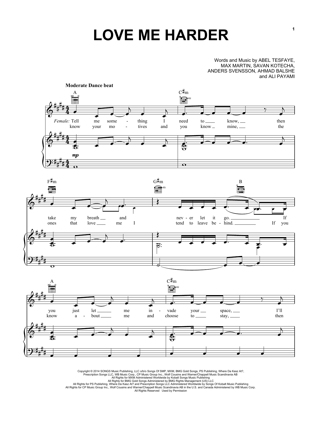 Ariana Grande & The Weeknd Love Me Harder Sheet Music Notes & Chords for Piano, Vocal & Guitar (Right-Hand Melody) - Download or Print PDF