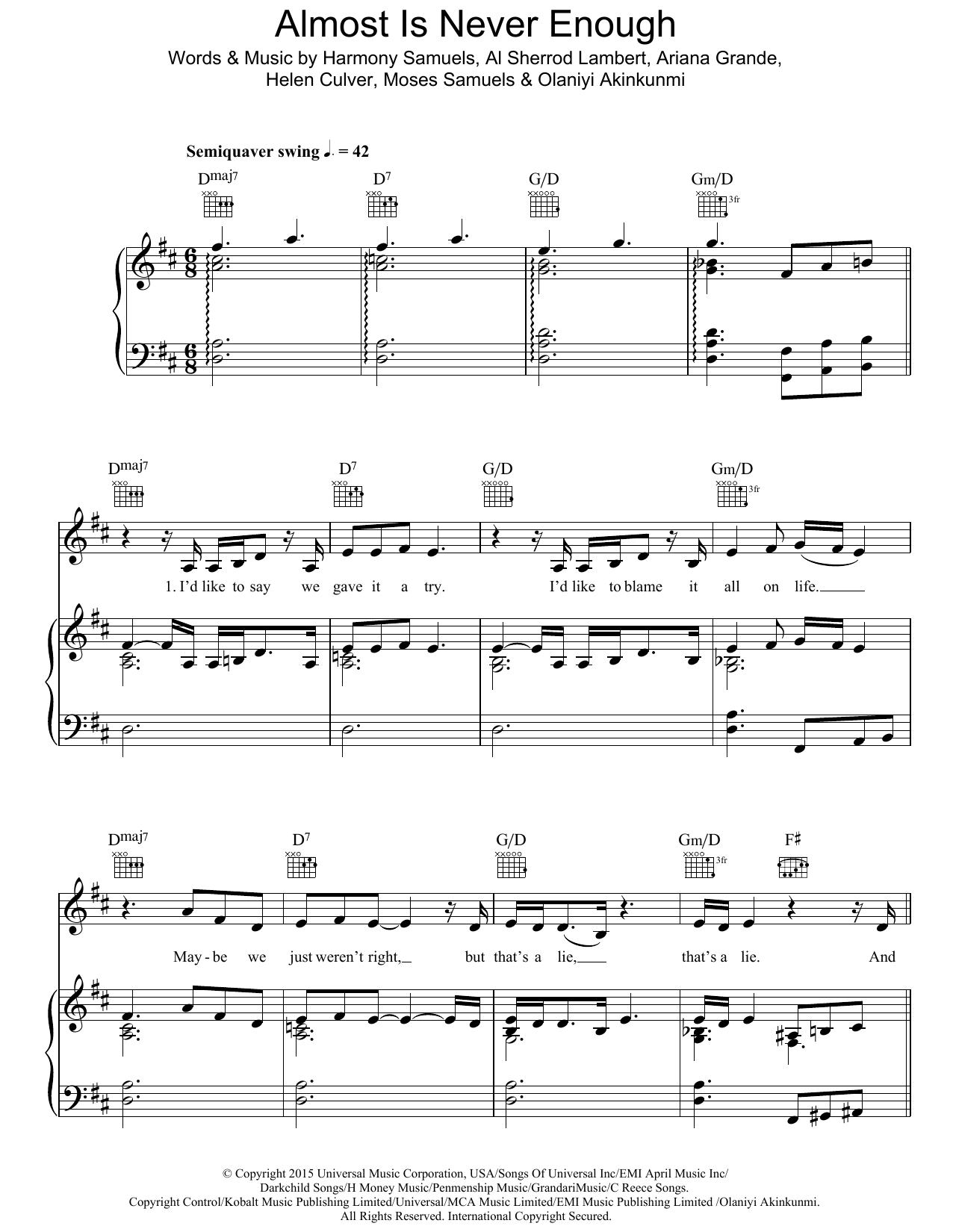 Ariana Grande Almost Is Never Enough (featuring Nathan Sykes) Sheet Music Notes & Chords for Piano, Vocal & Guitar (Right-Hand Melody) - Download or Print PDF