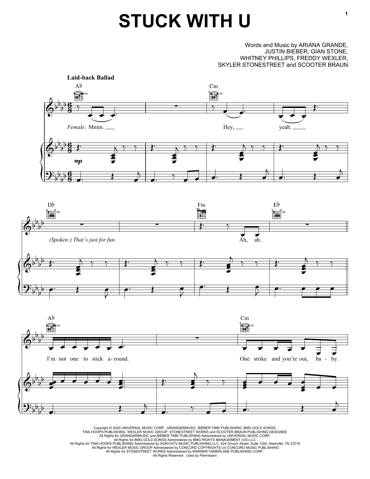 Ariana Grande and Justin Bieber Stuck with U Sheet Music Notes & Chords for Piano, Vocal & Guitar (Right-Hand Melody) - Download or Print PDF