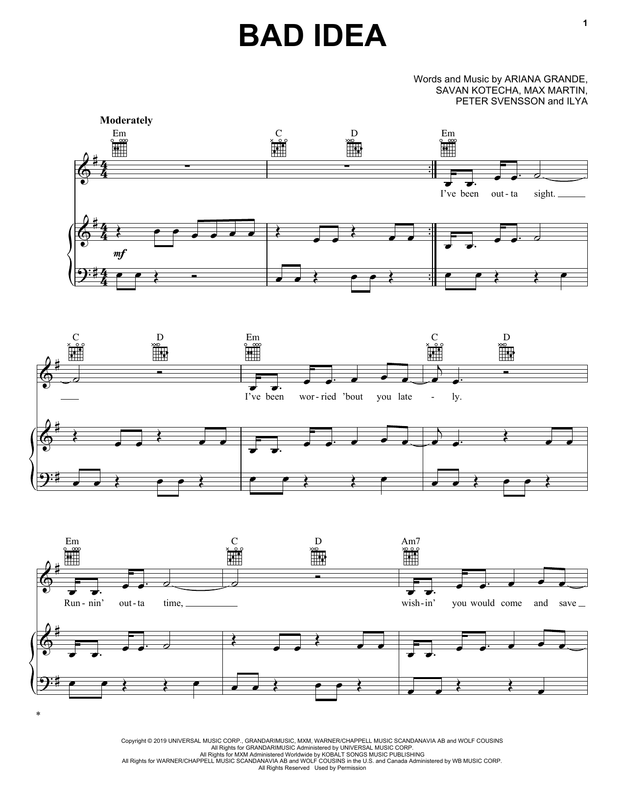 Ariana Grande Bad Idea Sheet Music Notes & Chords for Piano, Vocal & Guitar (Right-Hand Melody) - Download or Print PDF