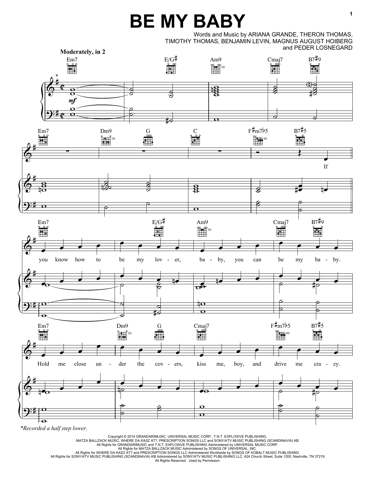Ariana Grande Be My Baby Sheet Music Notes & Chords for Piano, Vocal & Guitar (Right-Hand Melody) - Download or Print PDF