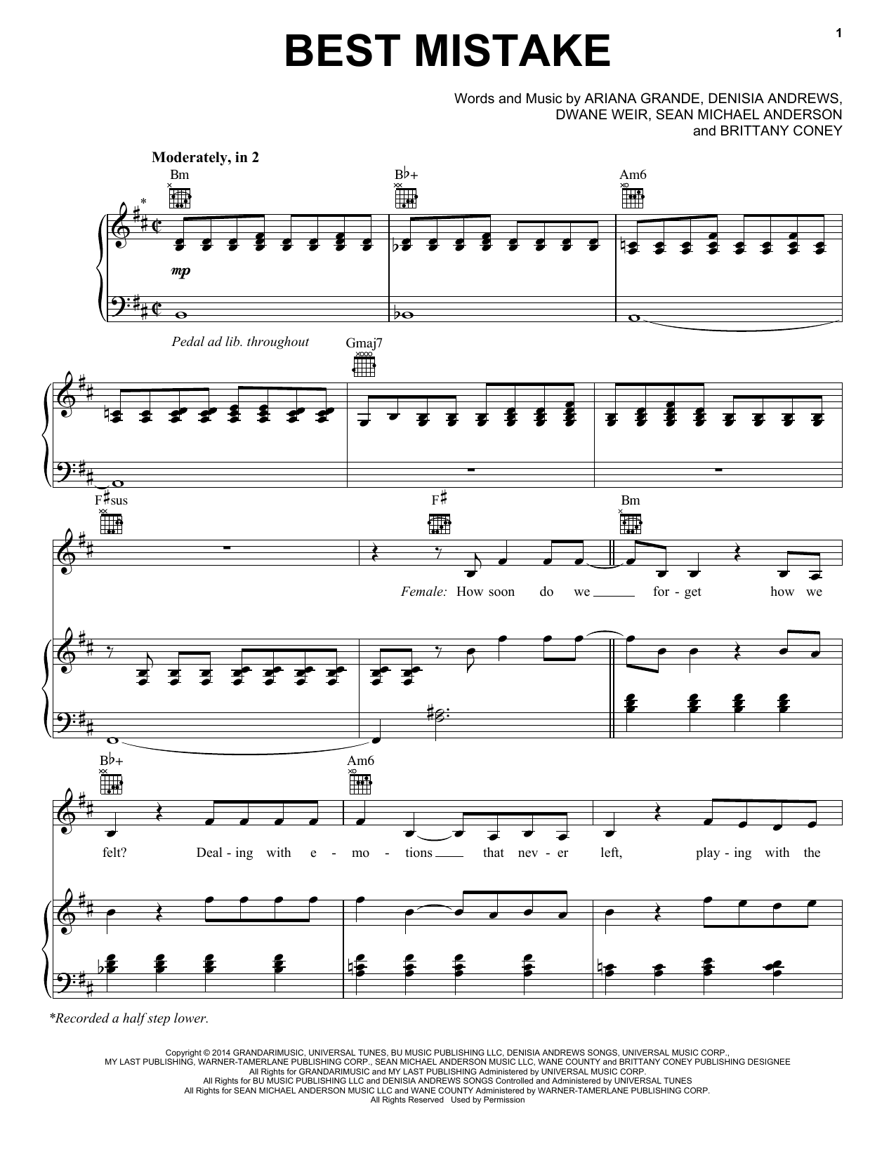Ariana Grande Best Mistake Sheet Music Notes & Chords for Piano, Vocal & Guitar (Right-Hand Melody) - Download or Print PDF