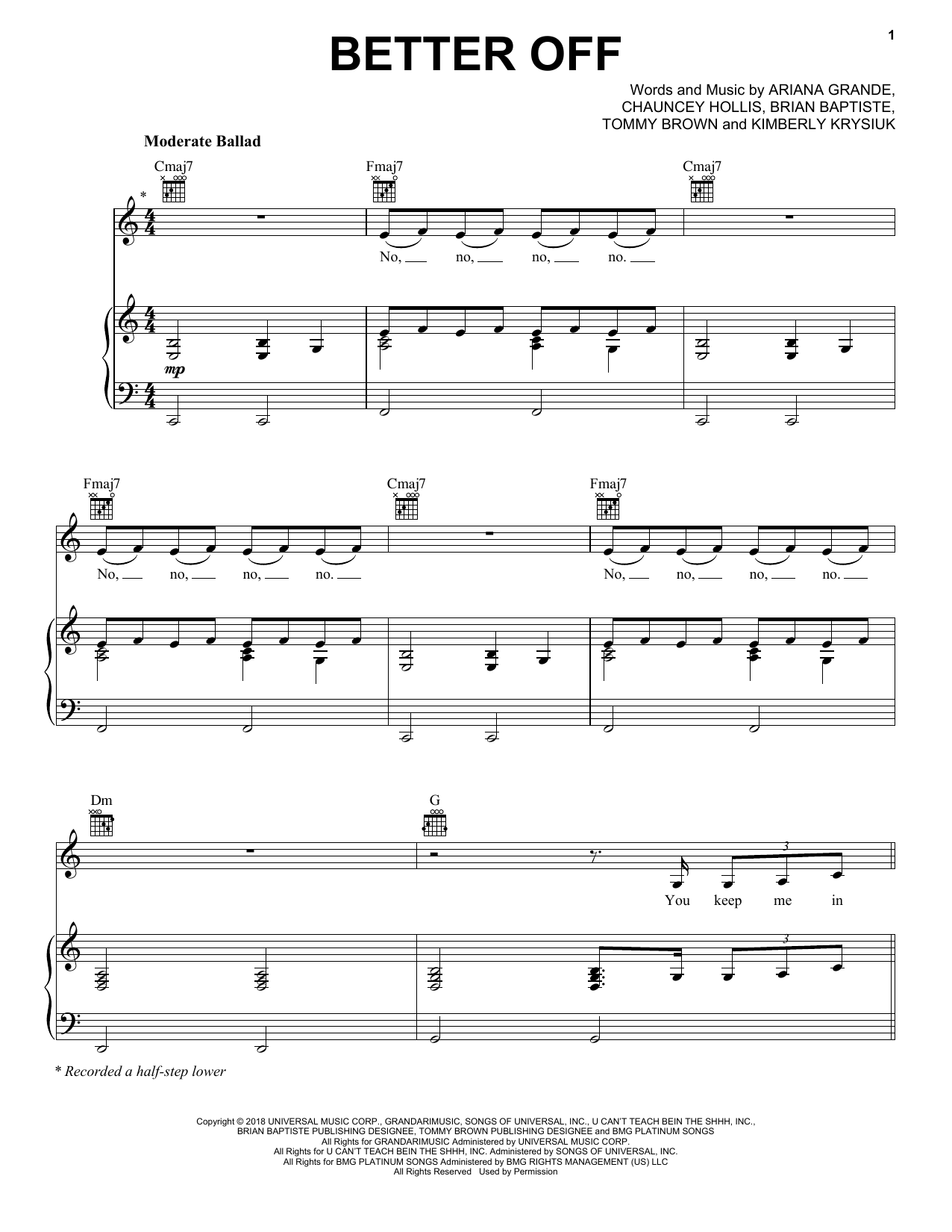 Ariana Grande Better Off Sheet Music Notes & Chords for Piano, Vocal & Guitar (Right-Hand Melody) - Download or Print PDF