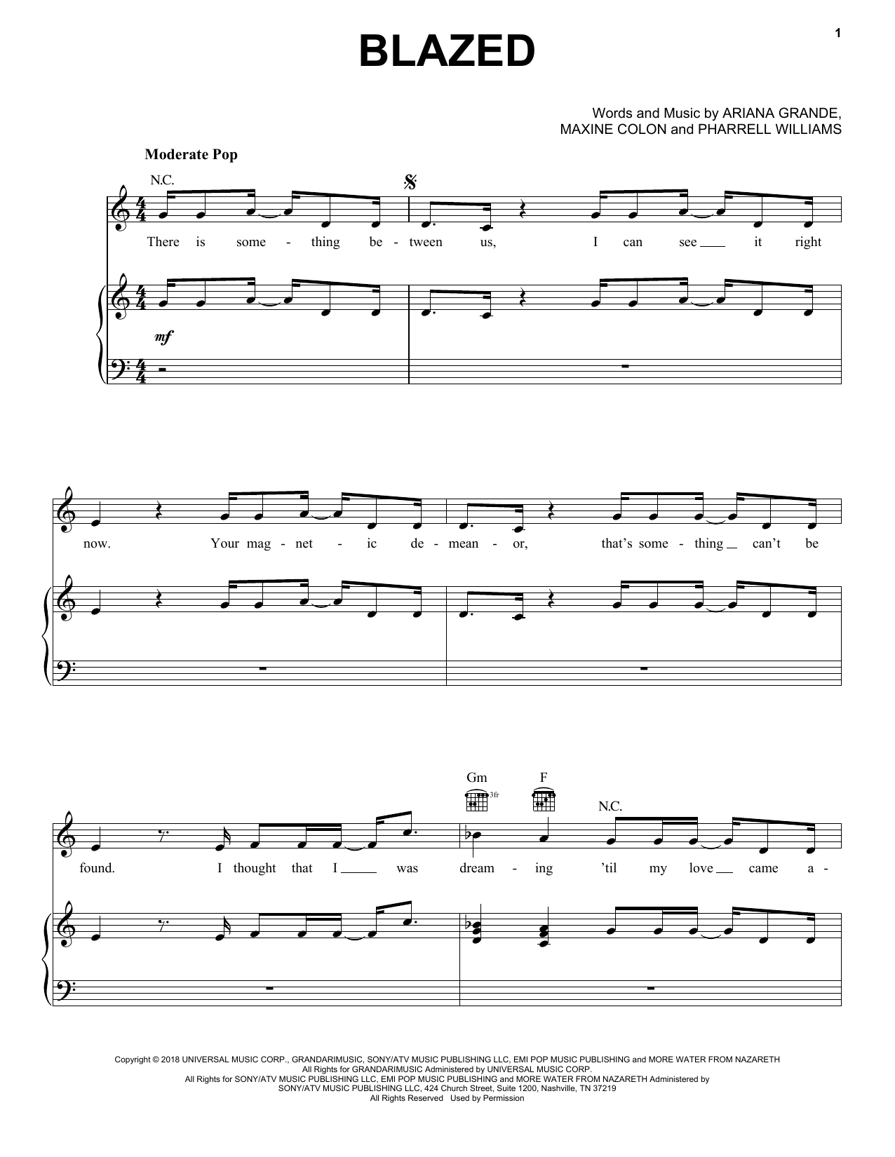 Ariana Grande Blazed (feat. Pharrell Williams) Sheet Music Notes & Chords for Piano, Vocal & Guitar (Right-Hand Melody) - Download or Print PDF