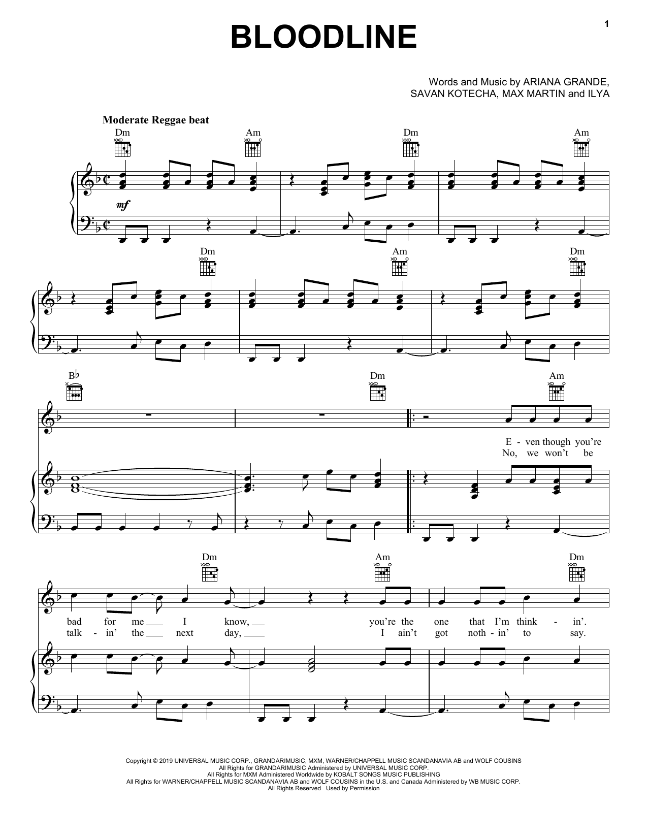 Ariana Grande Bloodline Sheet Music Notes & Chords for Piano, Vocal & Guitar (Right-Hand Melody) - Download or Print PDF