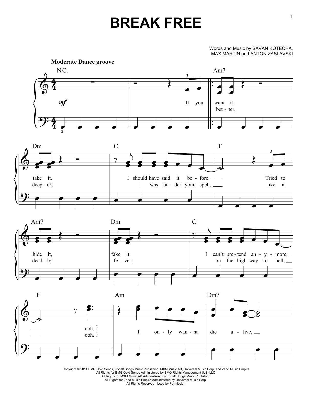 Ariana Grande Break Free (feat. Zedd) Sheet Music Notes & Chords for Easy Piano - Download or Print PDF