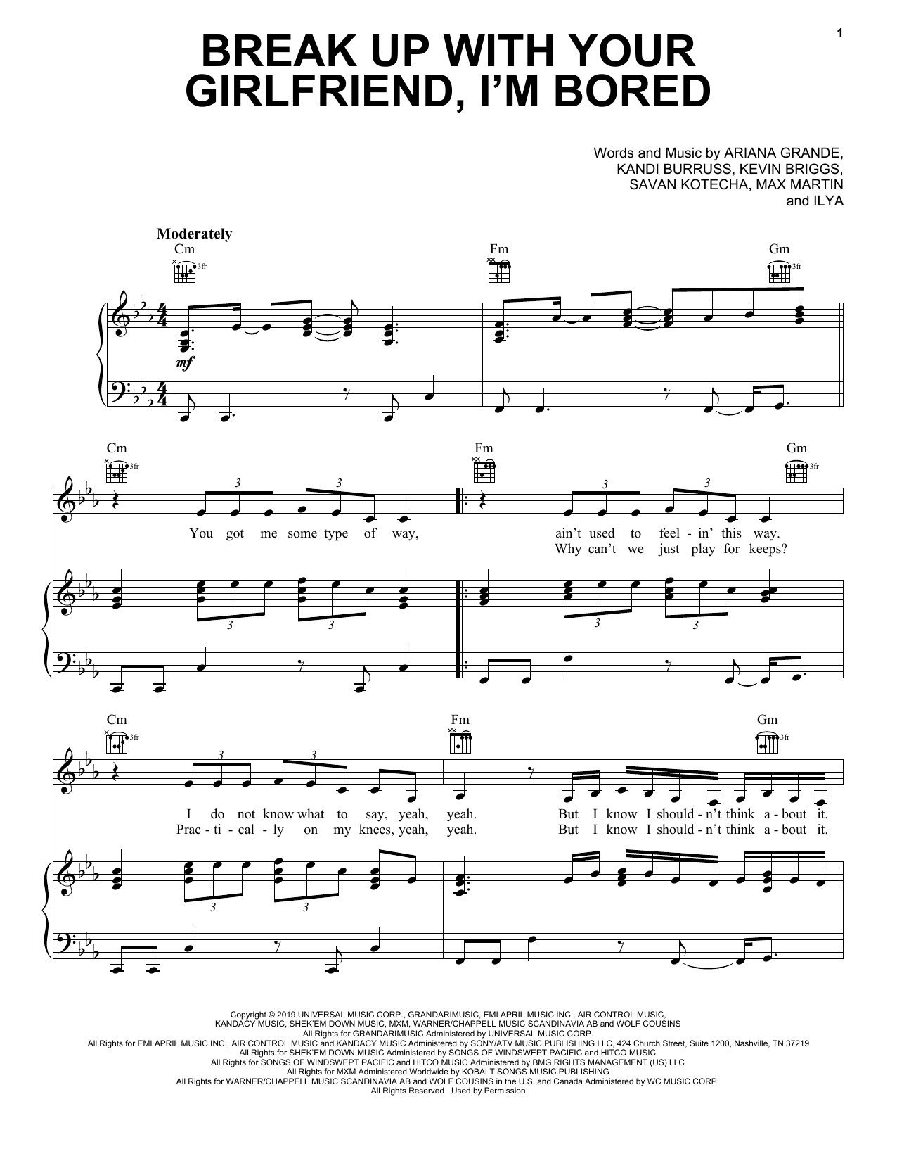 Ariana Grande break up with your girlfriend, i'm bored Sheet Music Notes & Chords for Piano, Vocal & Guitar (Right-Hand Melody) - Download or Print PDF