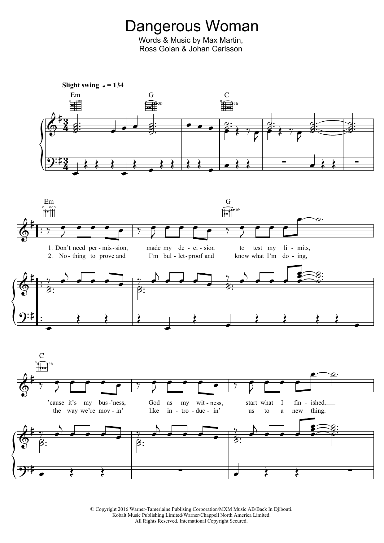 Ariana Grande Dangerous Woman Sheet Music Notes & Chords for Piano, Vocal & Guitar (Right-Hand Melody) - Download or Print PDF