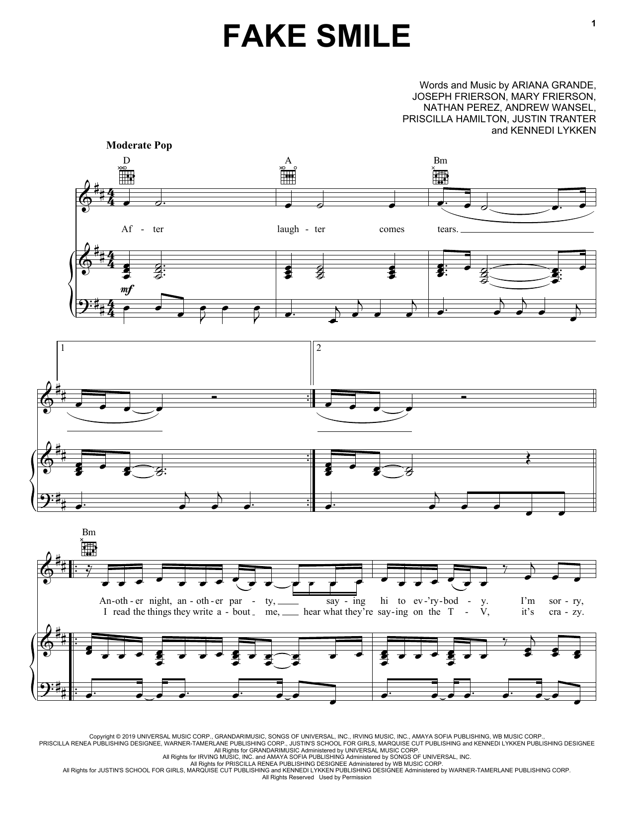 Ariana Grande Fake Smile Sheet Music Notes & Chords for Piano, Vocal & Guitar (Right-Hand Melody) - Download or Print PDF
