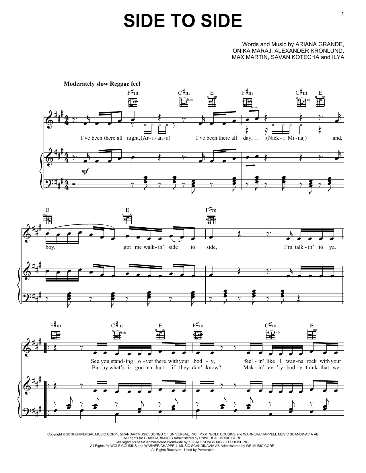 Ariana Grande feat. Nicki Minaj Side To Side Sheet Music Notes & Chords for Piano (Big Notes) - Download or Print PDF