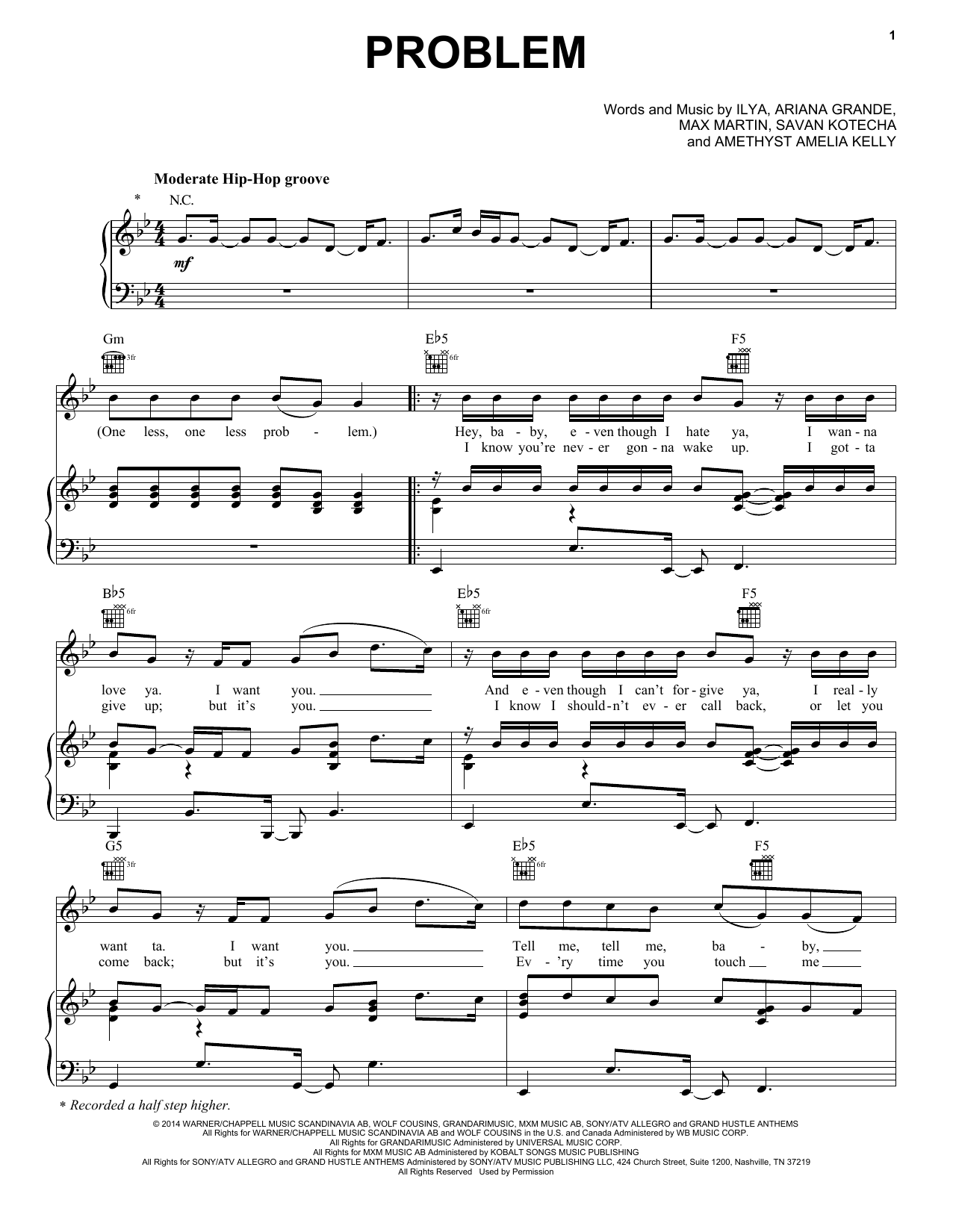 Ariana Grande Featuring Iggy Azalea Problem Sheet Music Notes & Chords for Piano, Vocal & Guitar (Right-Hand Melody) - Download or Print PDF