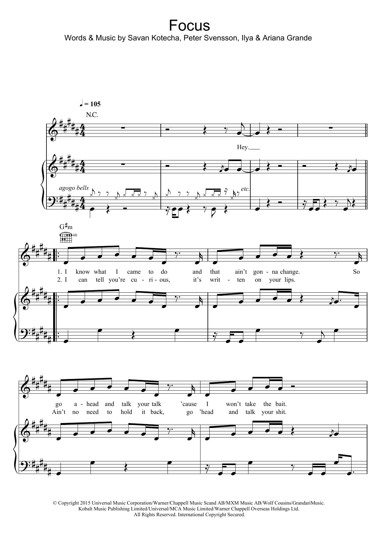 Ariana Grande Focus Sheet Music Notes & Chords for Piano, Vocal & Guitar (Right-Hand Melody) - Download or Print PDF