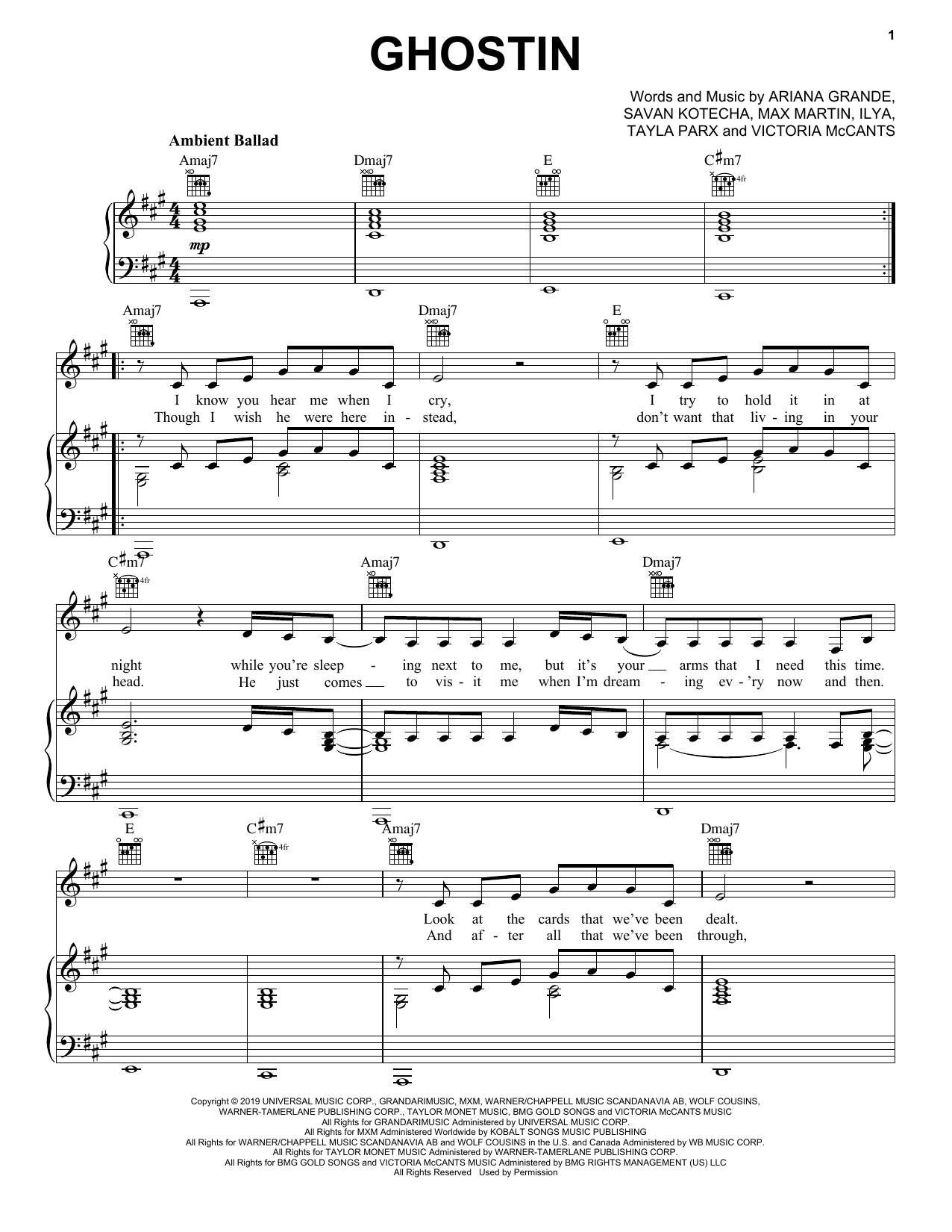 Ariana Grande Ghostin Sheet Music Notes & Chords for Piano, Vocal & Guitar (Right-Hand Melody) - Download or Print PDF