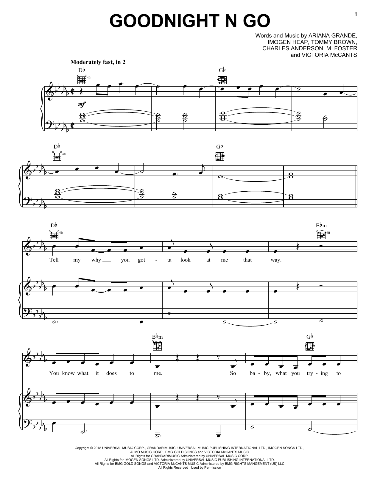 Ariana Grande Goodnight N Go Sheet Music Notes & Chords for Piano, Vocal & Guitar (Right-Hand Melody) - Download or Print PDF