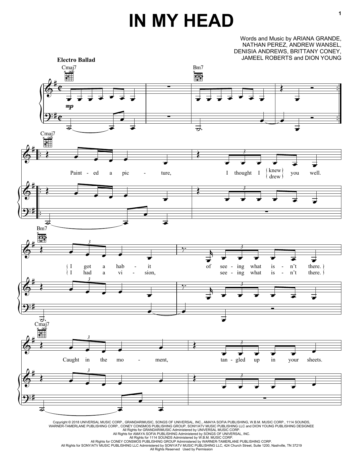 Ariana Grande In My Head Sheet Music Notes & Chords for Piano, Vocal & Guitar (Right-Hand Melody) - Download or Print PDF