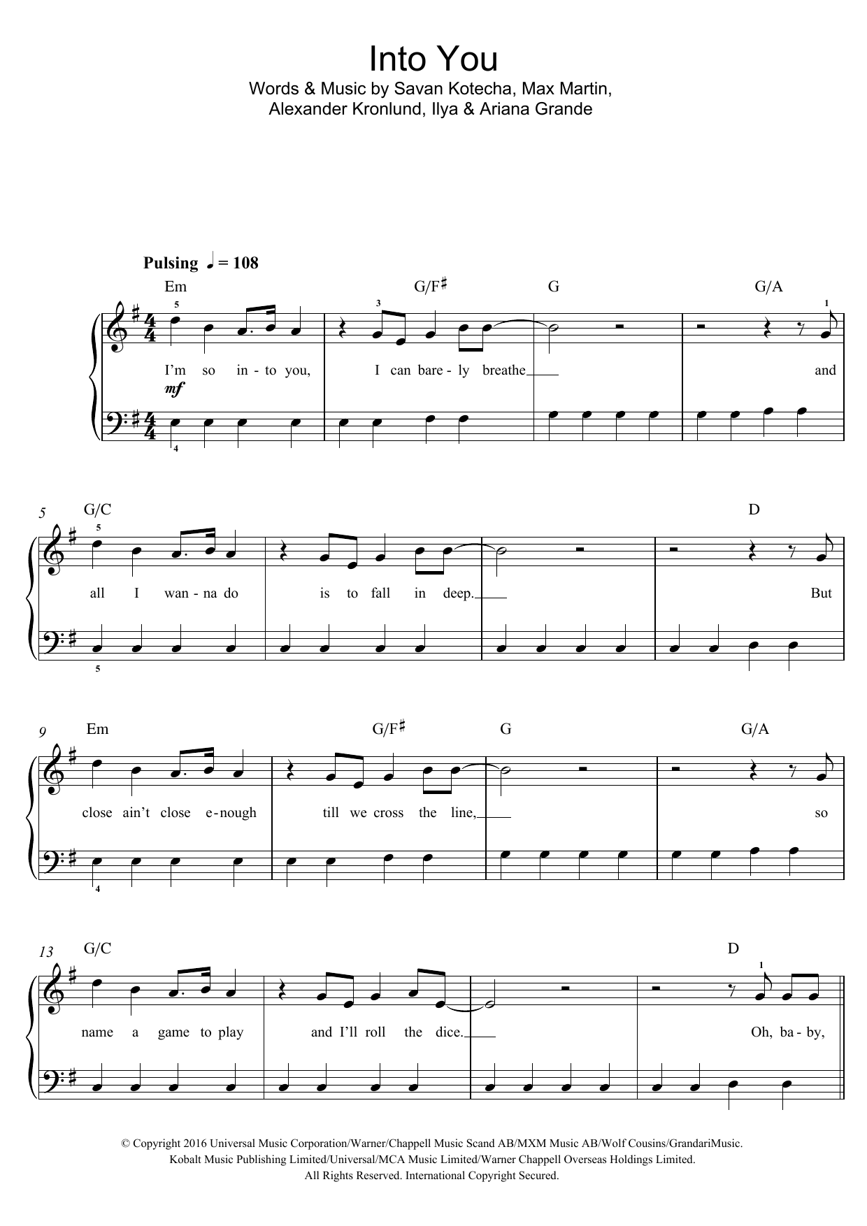 Ariana Grande Into You Sheet Music Notes & Chords for Easy Piano - Download or Print PDF