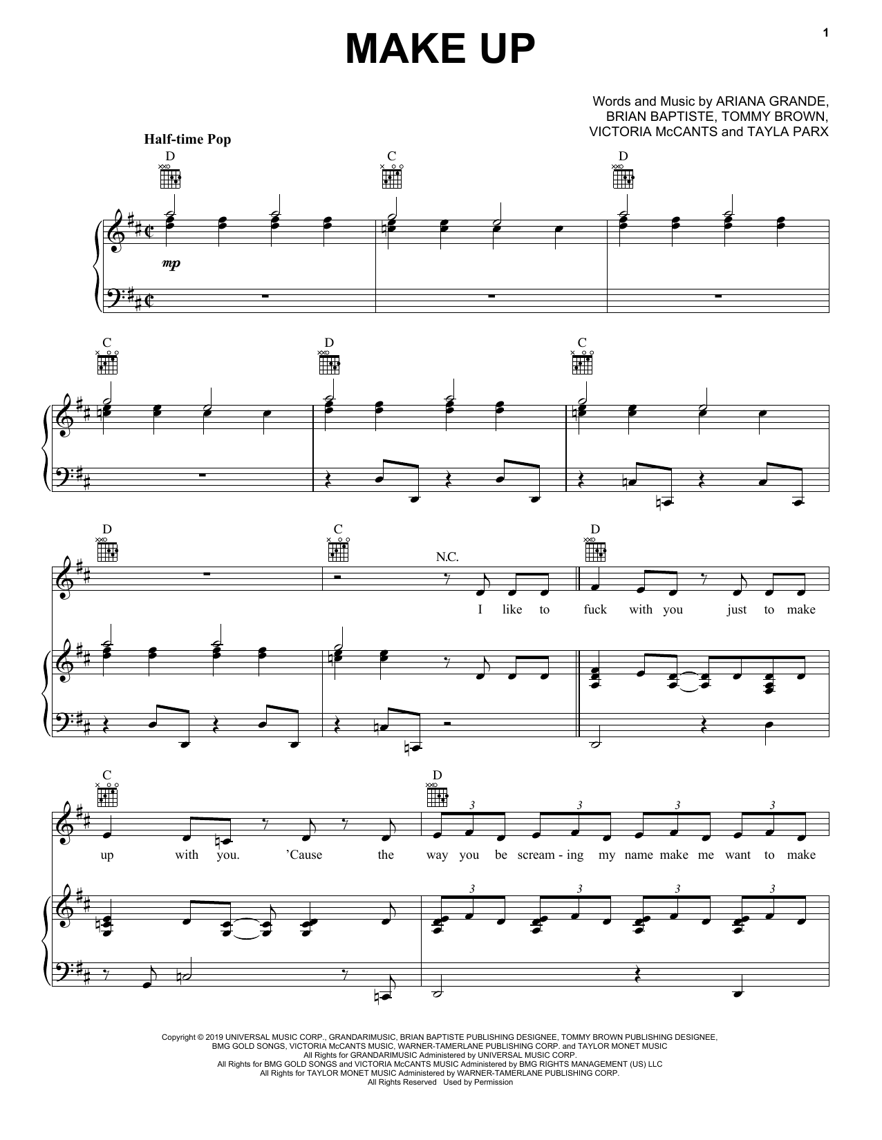 Ariana Grande Make Up Sheet Music Notes & Chords for Piano, Vocal & Guitar (Right-Hand Melody) - Download or Print PDF